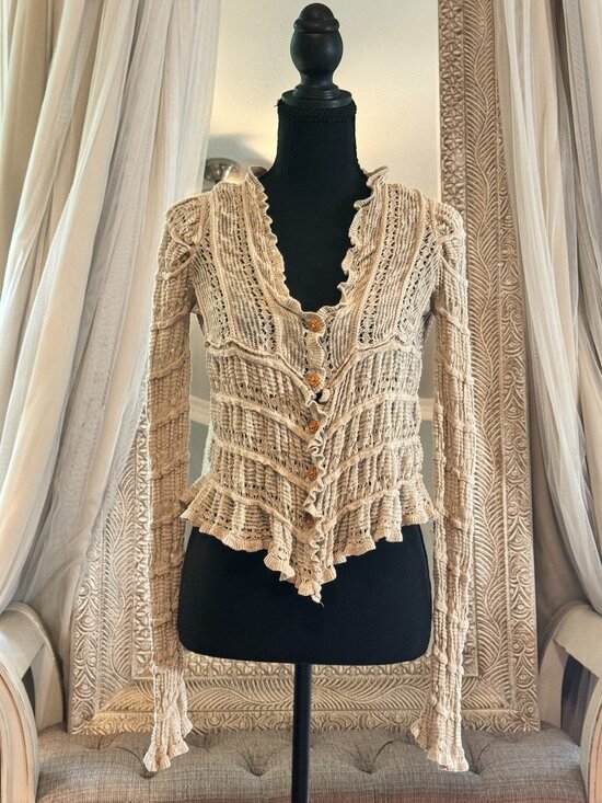 NATURAL LIFE Sweaters - Natural Life Juliet Ruffle Sweater Top Cream S Boho Crochet Knit